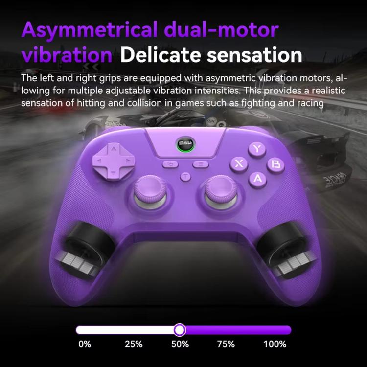 Purple dual-motor game controller with analog sticks, D-pad, and ABXY face buttons