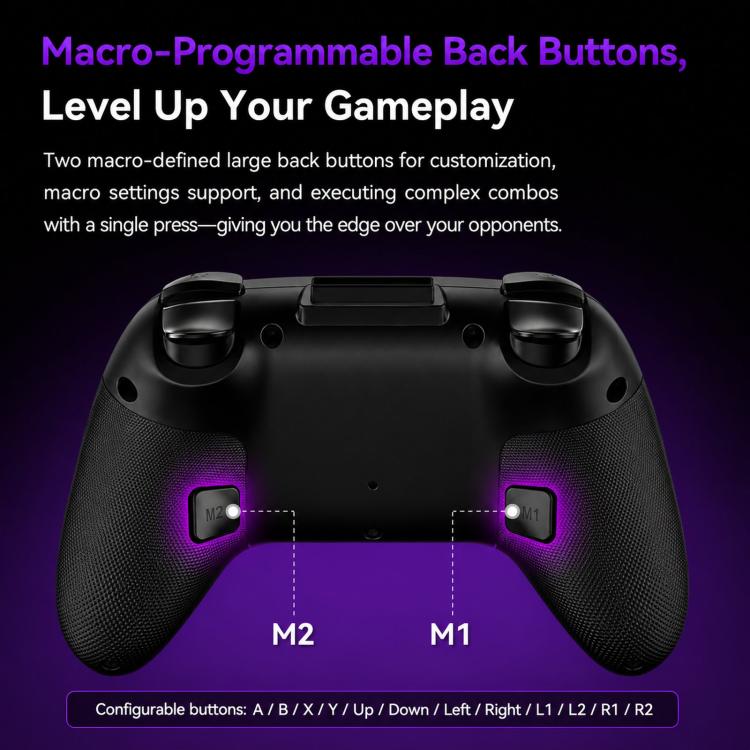 Black tri-mode game controller with textured grips, carbon-style joysticks, and macro back buttons