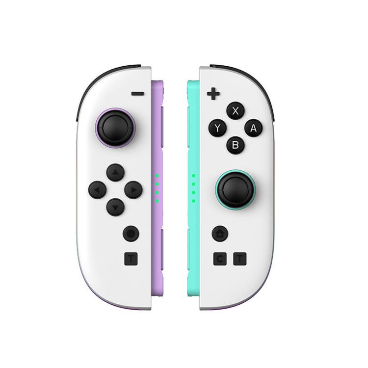 White wireless game controller with black buttons and purple/teal side rails