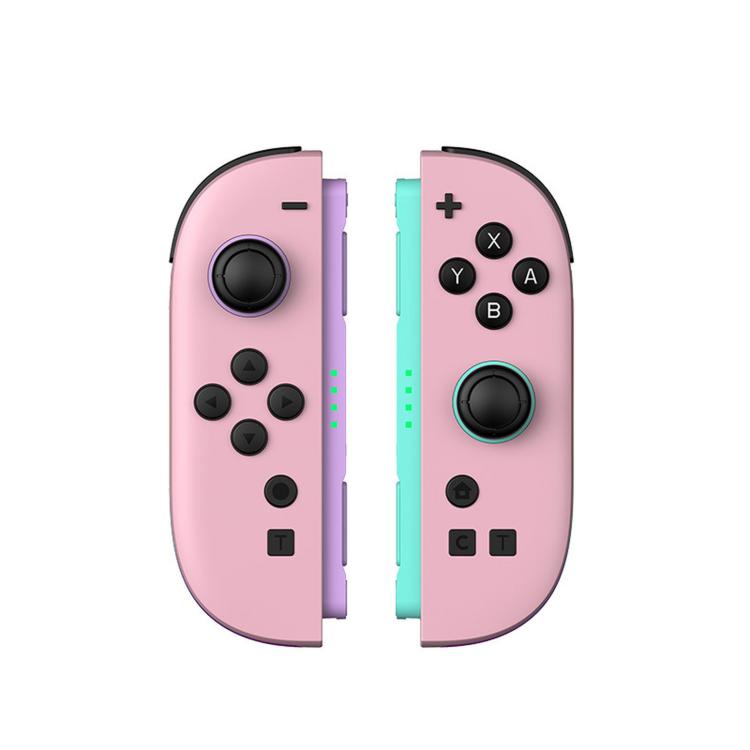 Pink wireless game controller with black buttons and purple/teal side rails