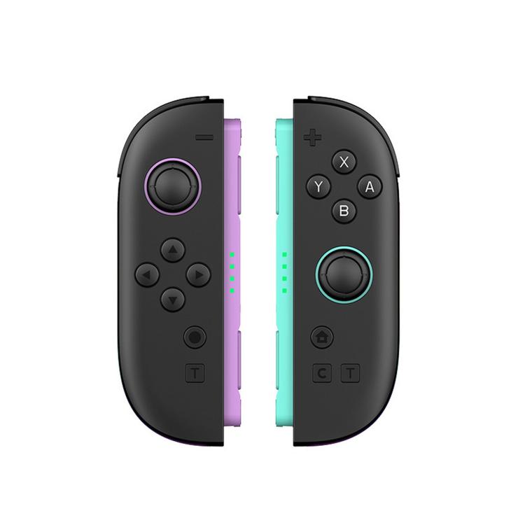 Black wireless game controller with purple/teal side rails and ringed thumbstick