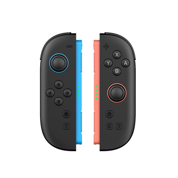Black wireless game controller with blue and orange accent rails