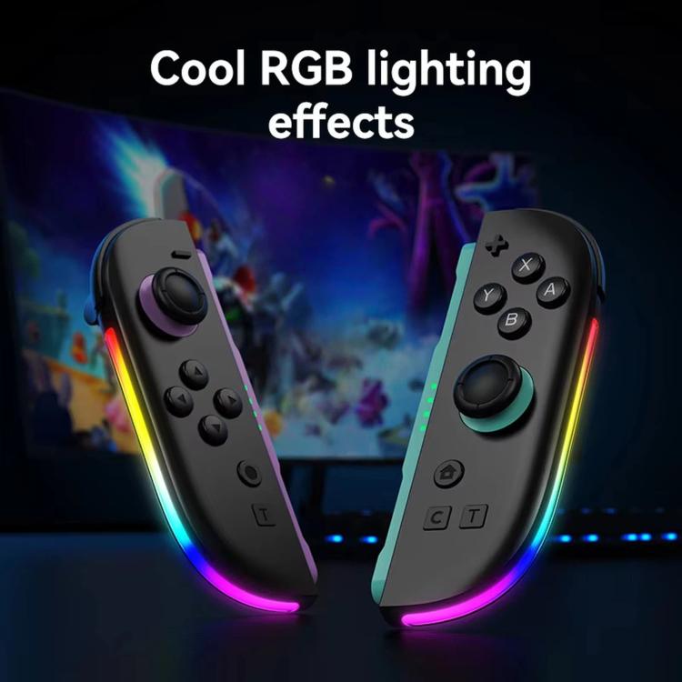 Two dark wireless controllers with colorful RGB light strips along the edges