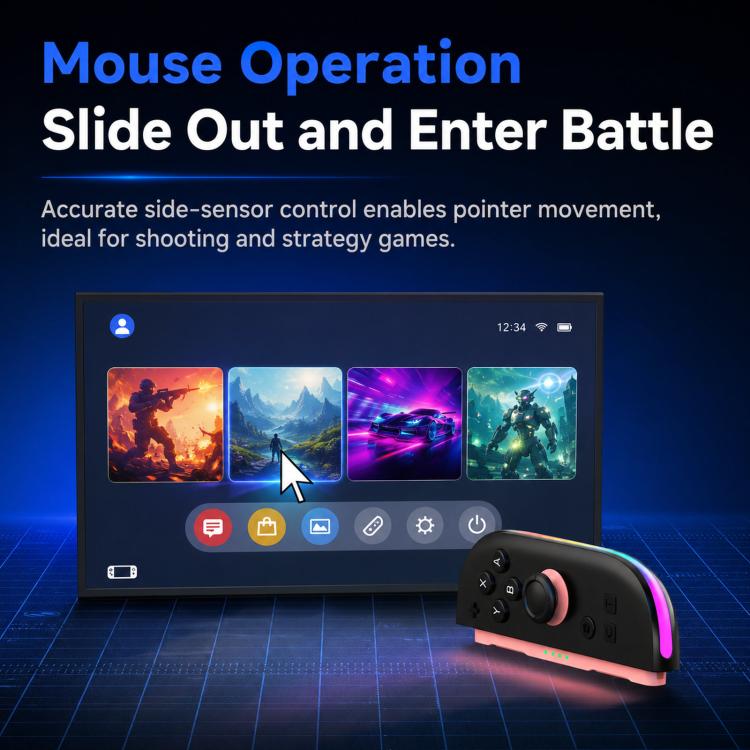 Wireless game controller with side sensor control, thumbsticks, and neon light strip
