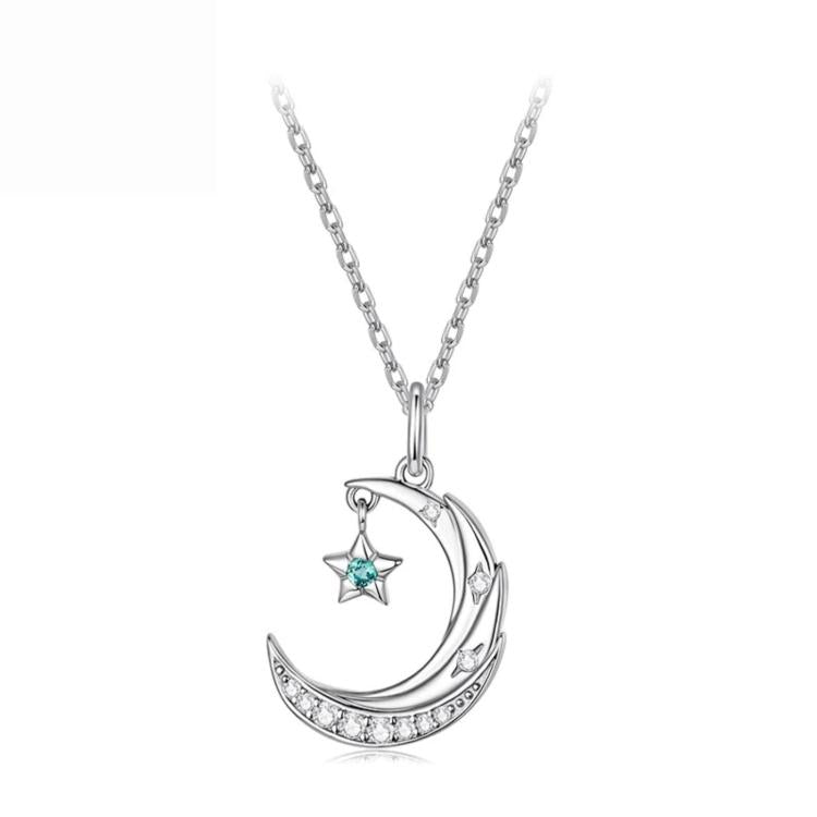 Star and moon pendant necklace with zircon accents, silver-tone chain