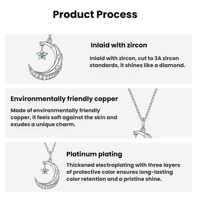 Star and moon pendant necklace with crescent moon and star details, silver-tone chain