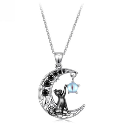 Moon Cat Brass-Plated White Gold Necklace, YIN136