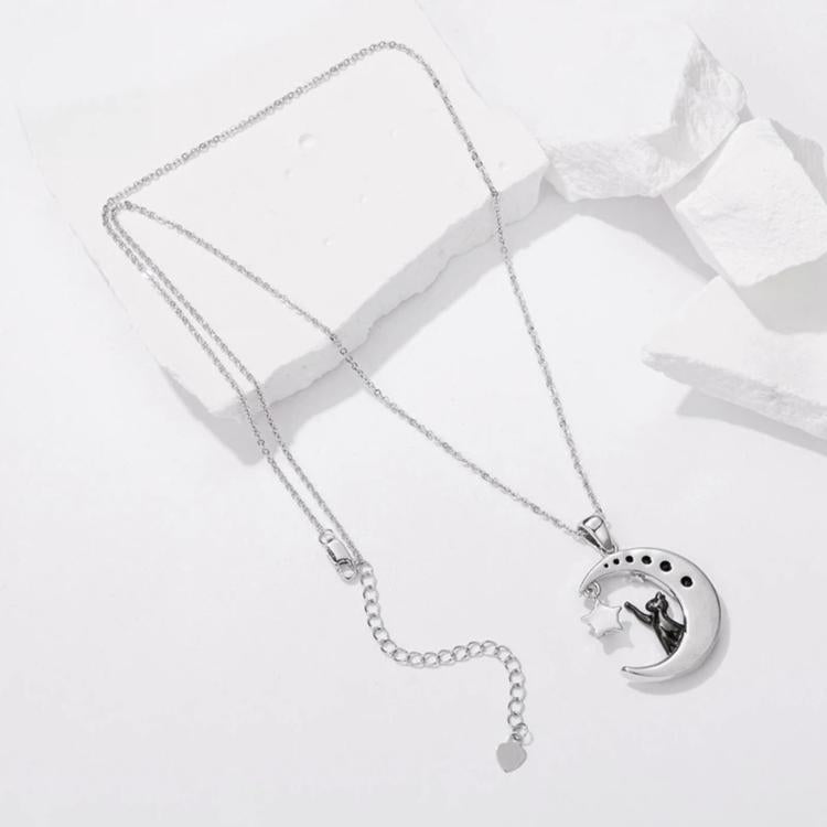 Moon Cat Brass-Plated White Gold Necklace, YIN136