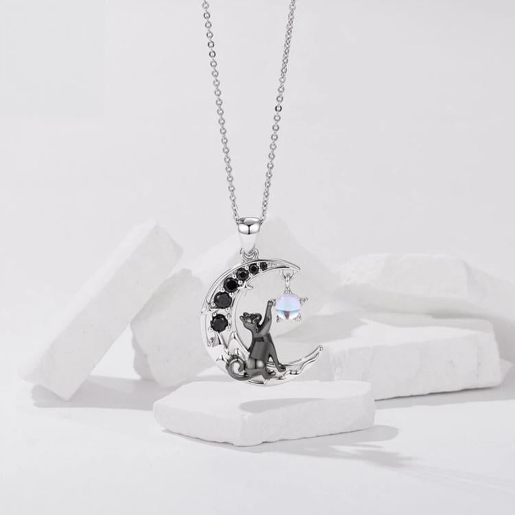 Moon Cat Brass-Plated White Gold Necklace, YIN136