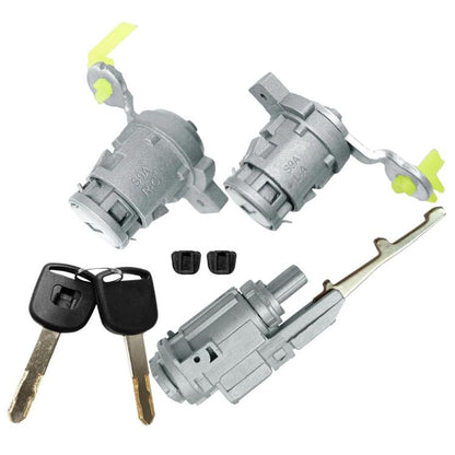 Ignition switch lock cylinder with two keys and small black inserts, metal bracket