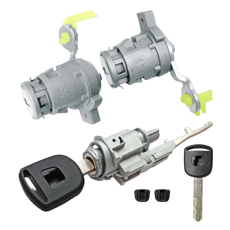 Ignition switch lock cylinder set with keys, metal rods, and small black pieces