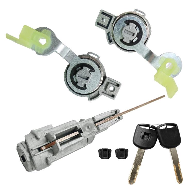 Ignition switch lock cylinder with metal core, keys, and two small black plugs