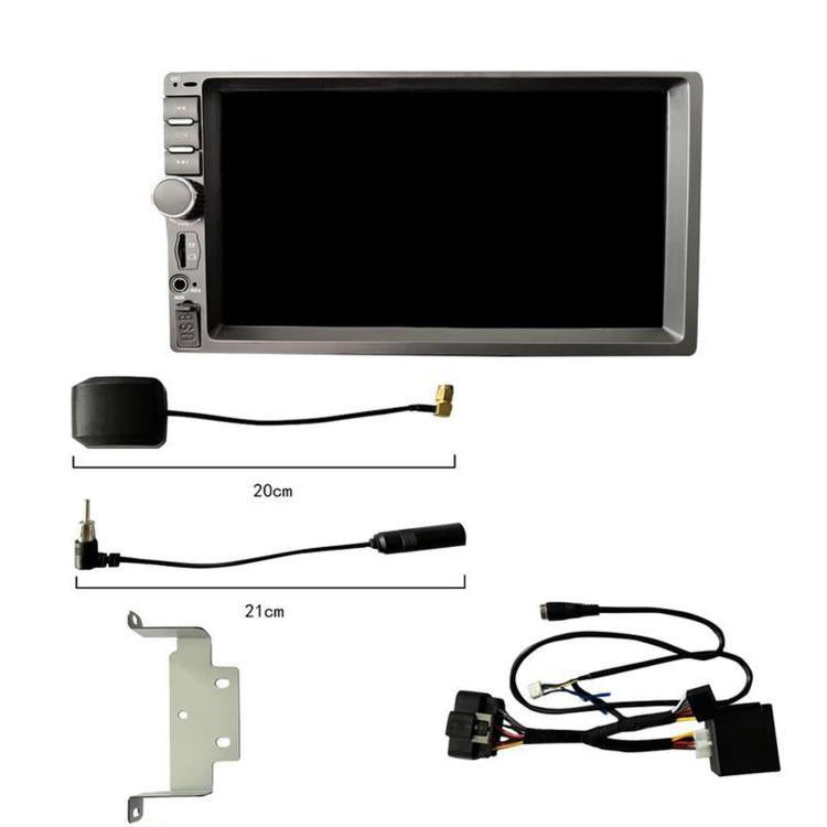 In-dash car stereo housing with wiring harness and mount bracket, screen blank