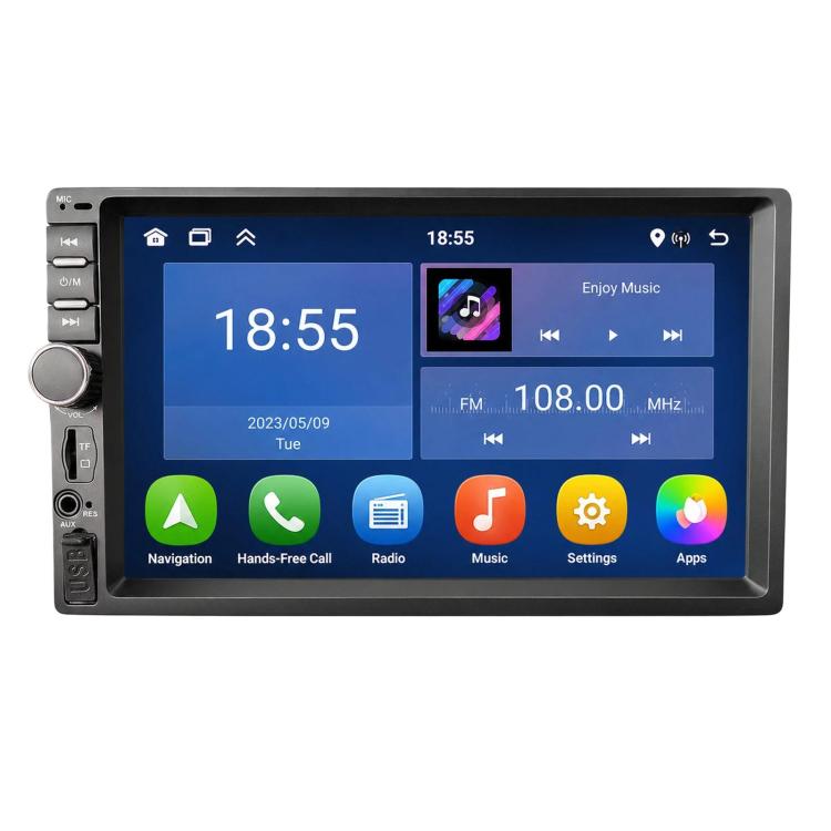 7-inch in-dash car stereo touchscreen with navigation, radio, and media icons