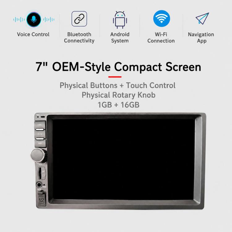 7-inch OEM-style compact car stereo screen with rotary knob and physical controls