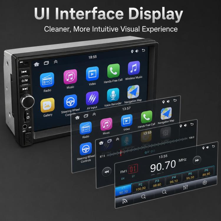 Car stereo touchscreen with Android UI icons and multi-screen preview overlays