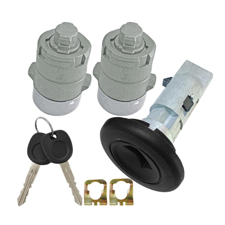 Ignition lock cylinder set with two keys, two gray cylinders, black exterior knob, clips