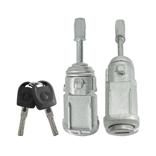 Door lock cylinder set with keys, silver metal housing and black key blanks