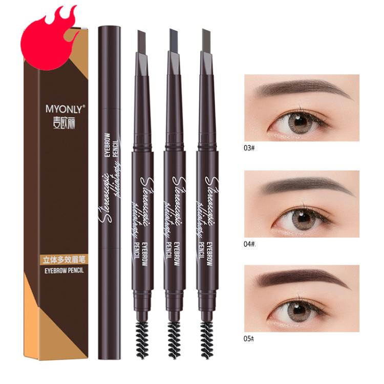 Dual-ended eyebrow pencil set with spoolie brush, slim pens in dark brown and grey tones.