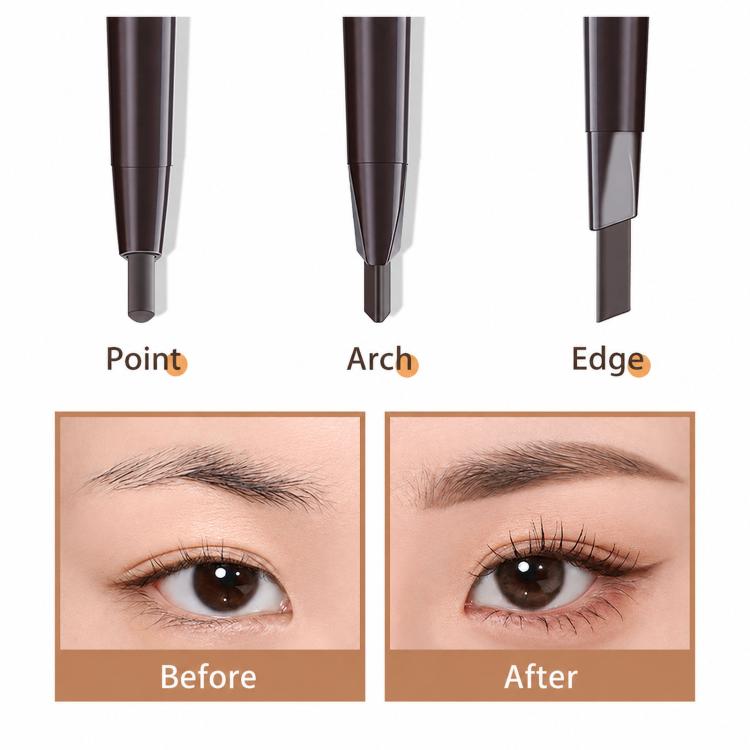 Dual-ended eyebrow pencil tips: pointed, arched, and edge for shaping brows