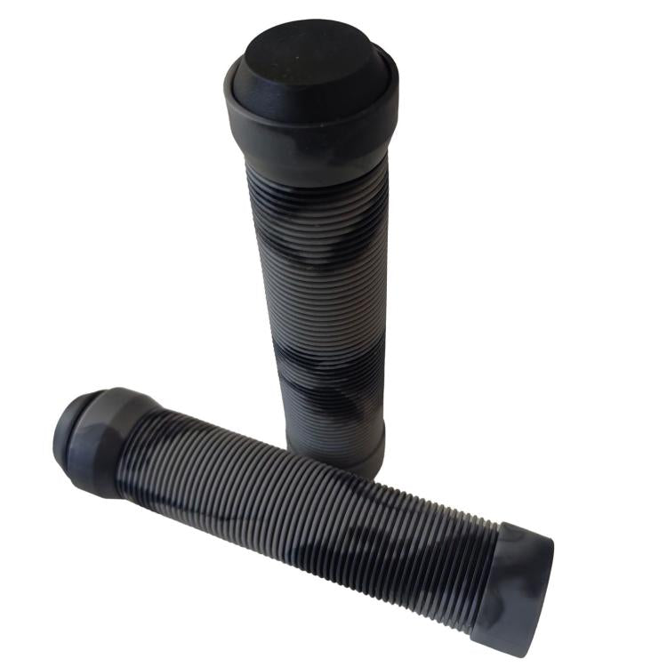 Grey bike handlebar grips with textured anti-slip pattern and end caps
