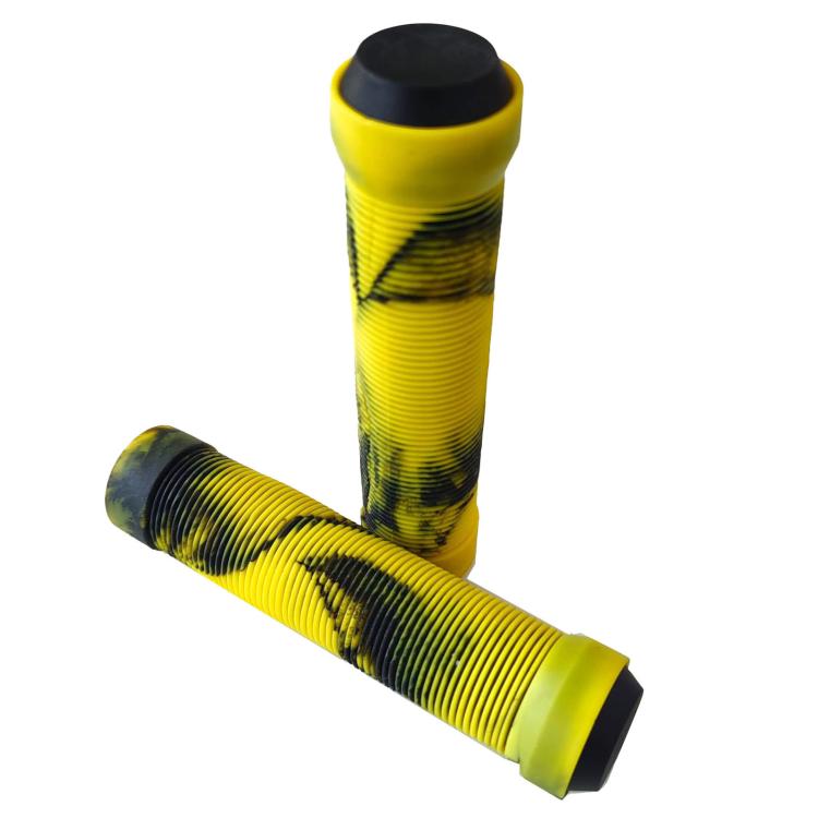 Yellow bike handlebar grips with textured anti-slip pattern and end caps