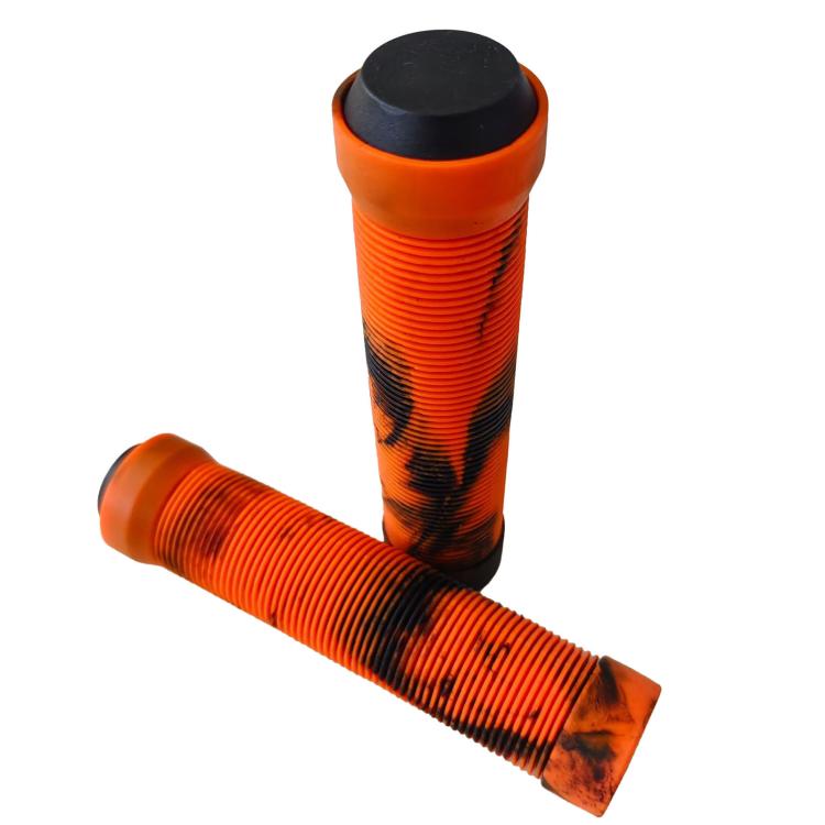Orange bike handlebar grips with textured anti-slip pattern and end caps