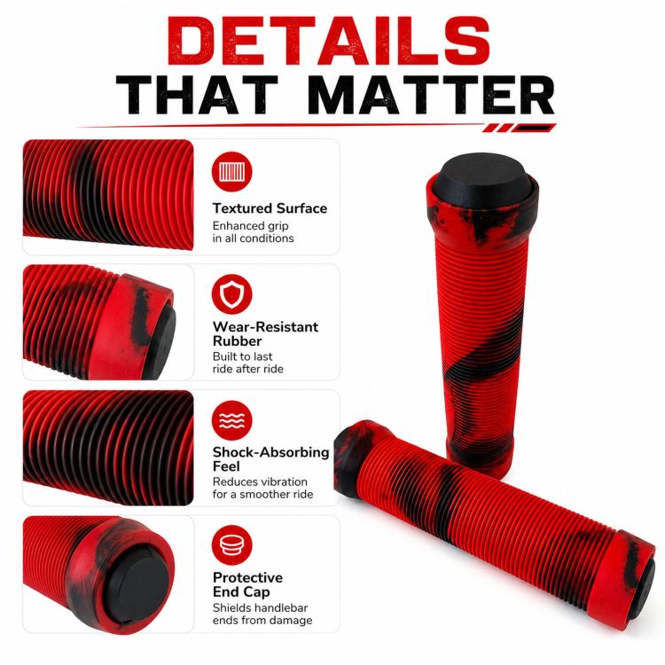Red mountain bike handlebar grips with textured anti-slip rubber surface and end caps