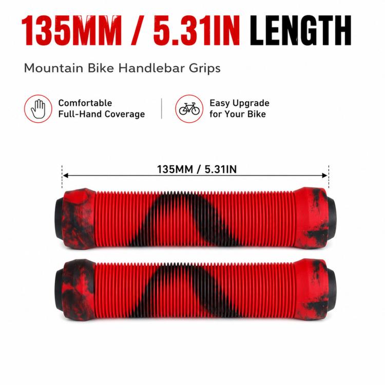 Red 135mm mountain bike handlebar grips, textured pattern with shock-absorbing feel