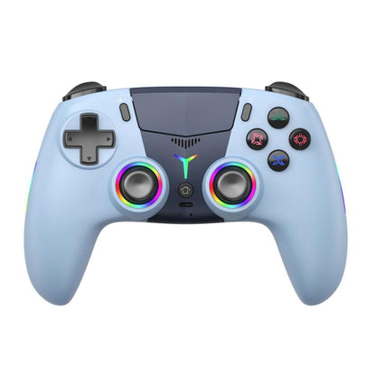 Light blue wireless game controller with RGB lights, dual thumbsticks, face buttons