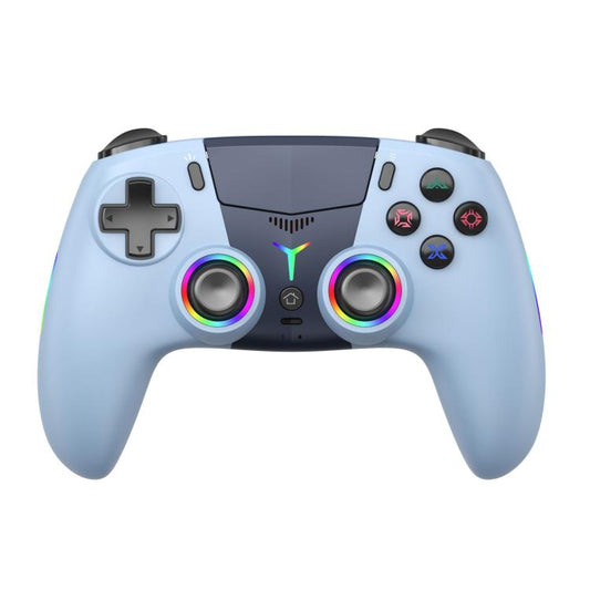 Light blue wireless game controller with RGB lights, dual thumbsticks, face buttons