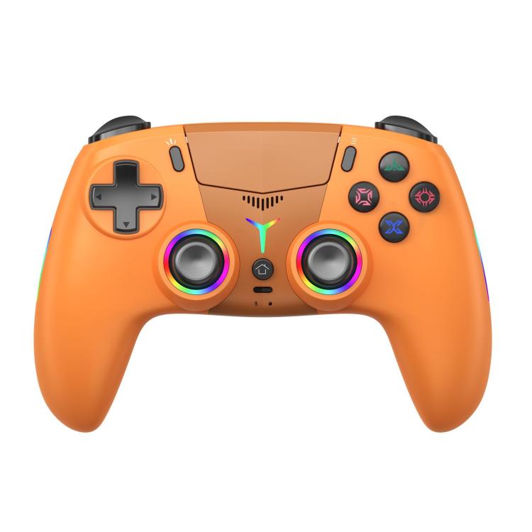 Orange wireless game controller with RGB lights, dual thumbsticks, face buttons
