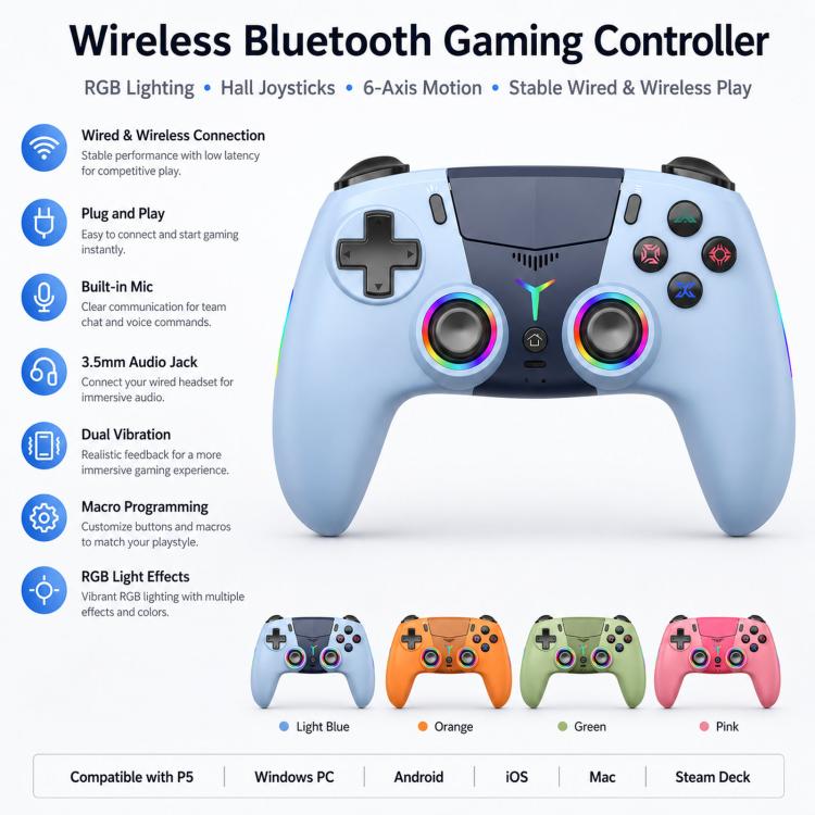 Wireless Bluetooth game controller with RGB lighting, dual thumbsticks, button layout