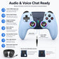 Light blue wireless game controller with 3.5mm TRRS audio jack and dual thumbsticks
