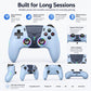 Light blue wireless game controller with built-in speaker grille, dual thumbsticks, RGB lights