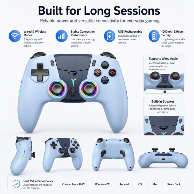 Light blue wireless game controller with built-in speaker grille, dual thumbsticks, RGB lights