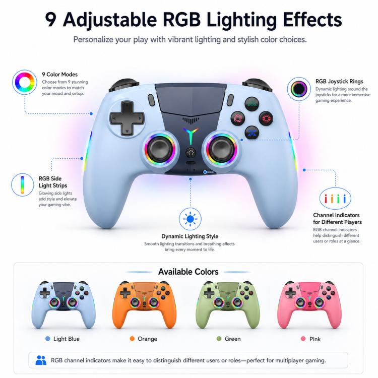 Light blue wireless game controller with RGB joystick rings and center light bar