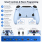 Light blue game controller rear view with macro buttons and dual trigger grips