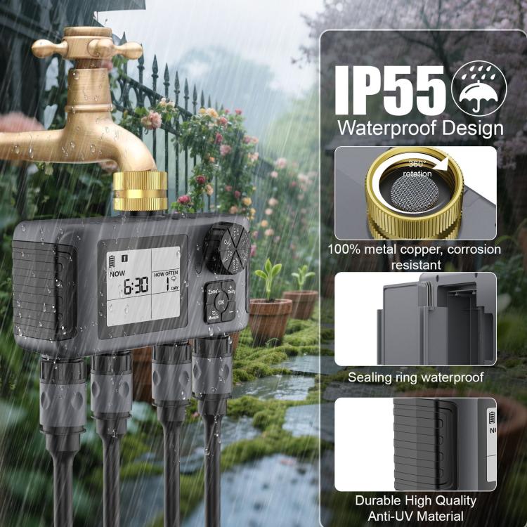 4 Zone Water Hose Timer Programmable 4 Outlet Garden Irrigation Controller with Rain Delay & Child Lock, SGW18