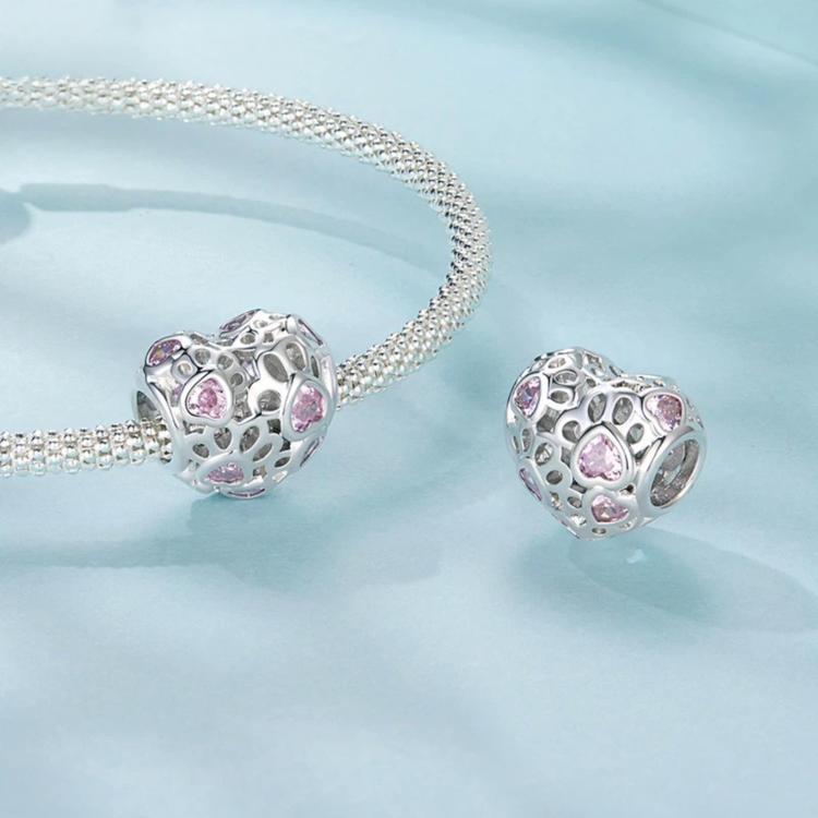 Cute Pet-Themed Heart-Shaped Openwork Beaded Copper-Plated White Gold Beads, YIC144