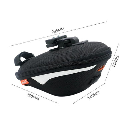 Black hard shell bike saddle bag with zip closure and quick-release mounting strap