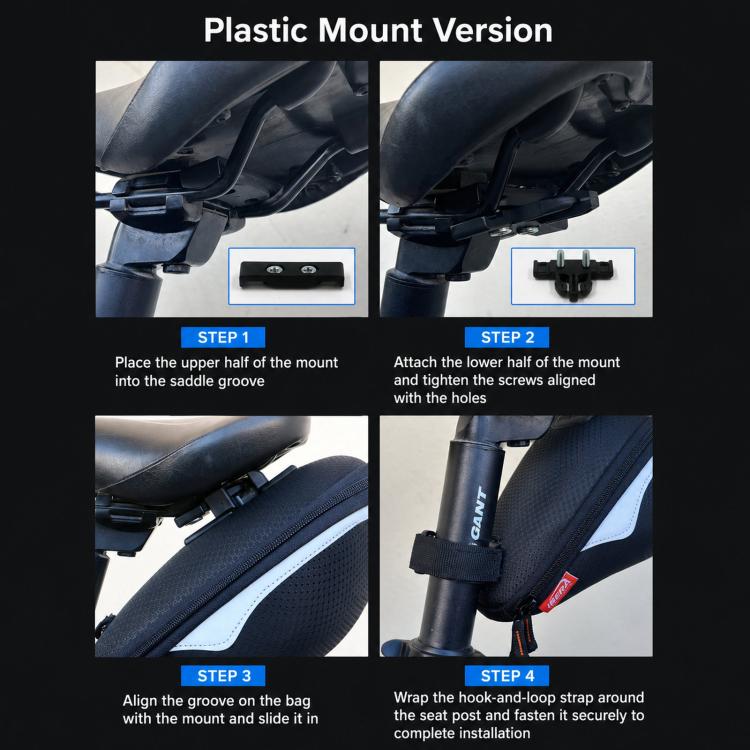 Hard shell saddle bag shown during plastic mount installation with bracket and screws