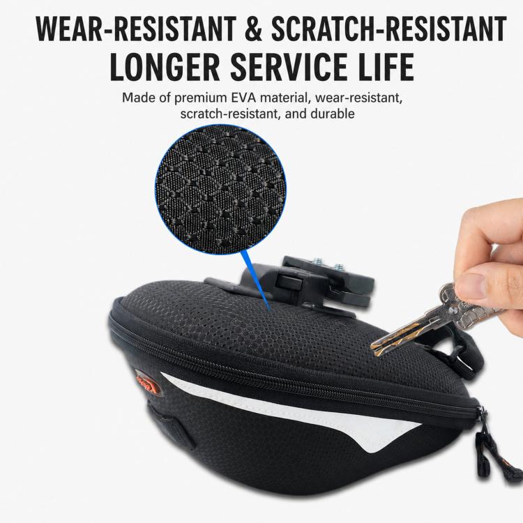 Black bike saddle bag with scratch-resistant look and quick-release latch and zipper