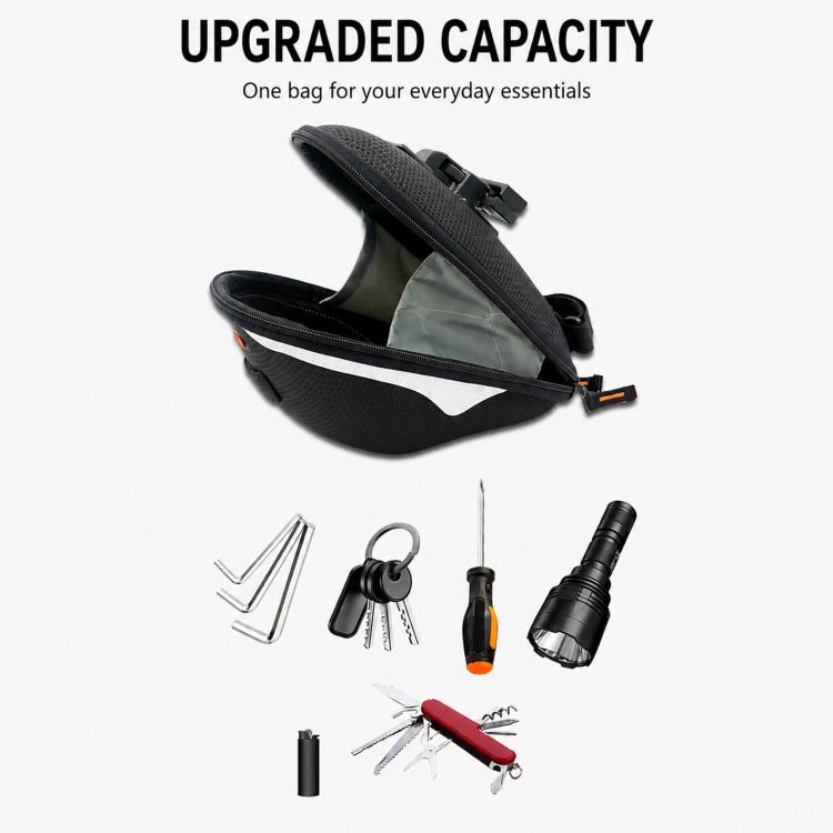 Black hard shell saddle bag with open top and included tools/accessories