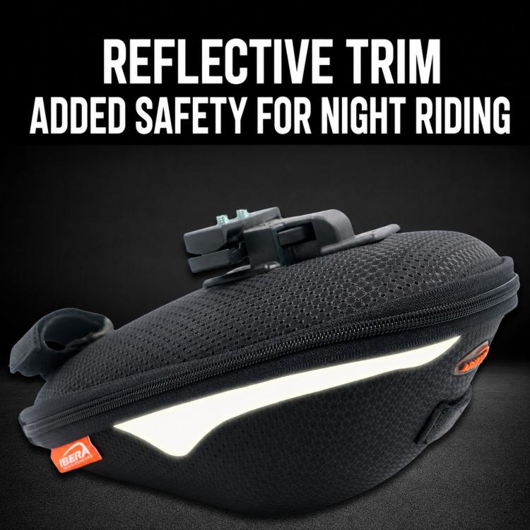 Black saddle bag with reflective trim along the side and quick-release mount on top