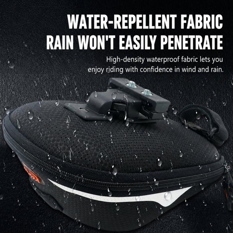 Water-repellent black saddle bag with droplets on lid and zippered top