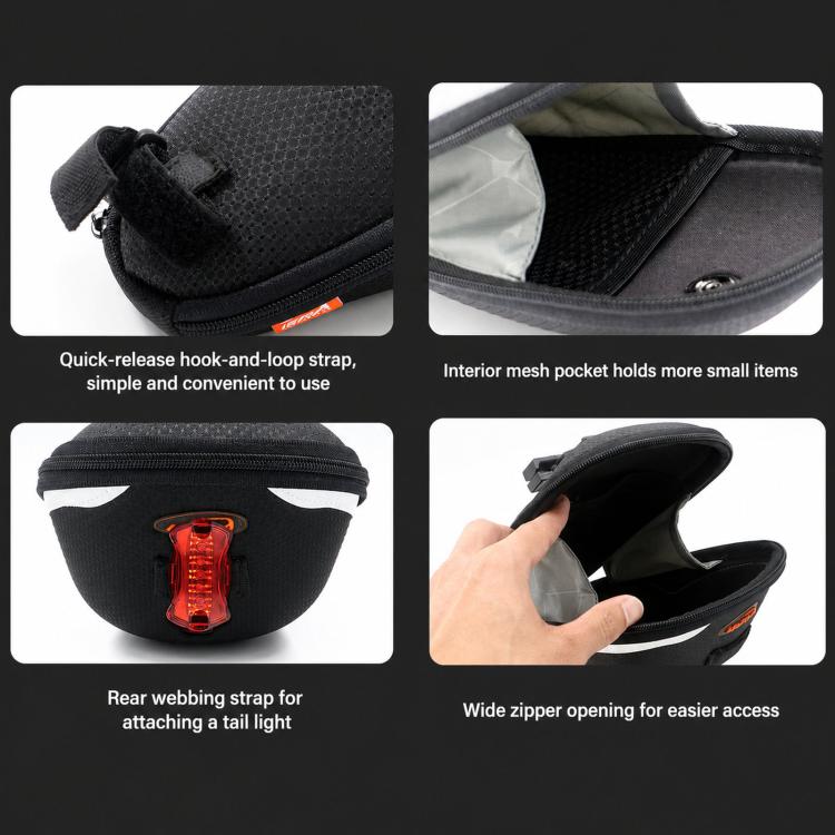 Black saddle bag details: hook-and-loop strap, mesh interior pocket, wide zipper
