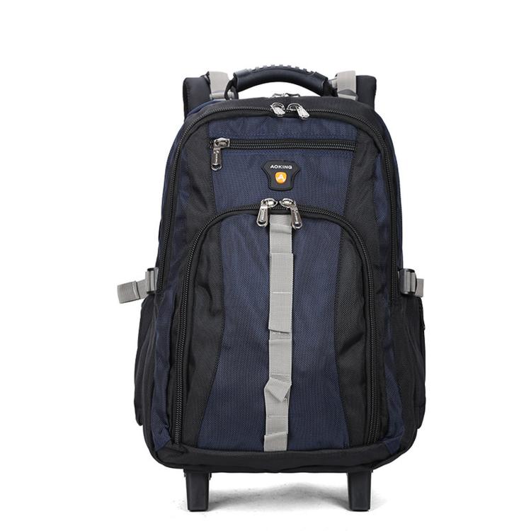 Navy rolling backpack with telescopic handle, front zip pockets, and two front wheels.