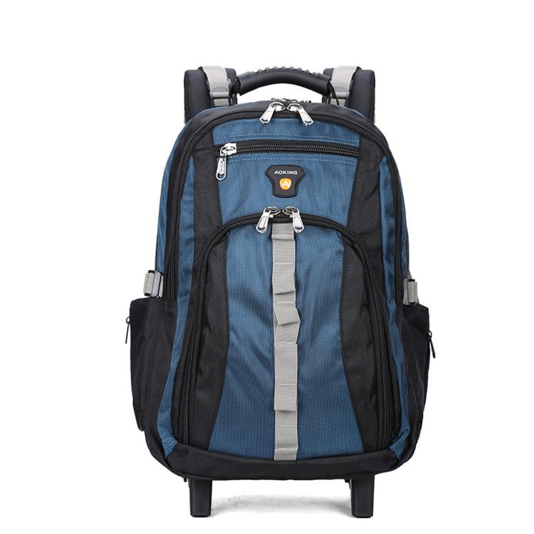 Blue rolling backpack with telescopic handle, front zip pockets, and two front wheels.
