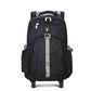 Black rolling backpack with telescopic handle and front organizer panel with zip pockets.